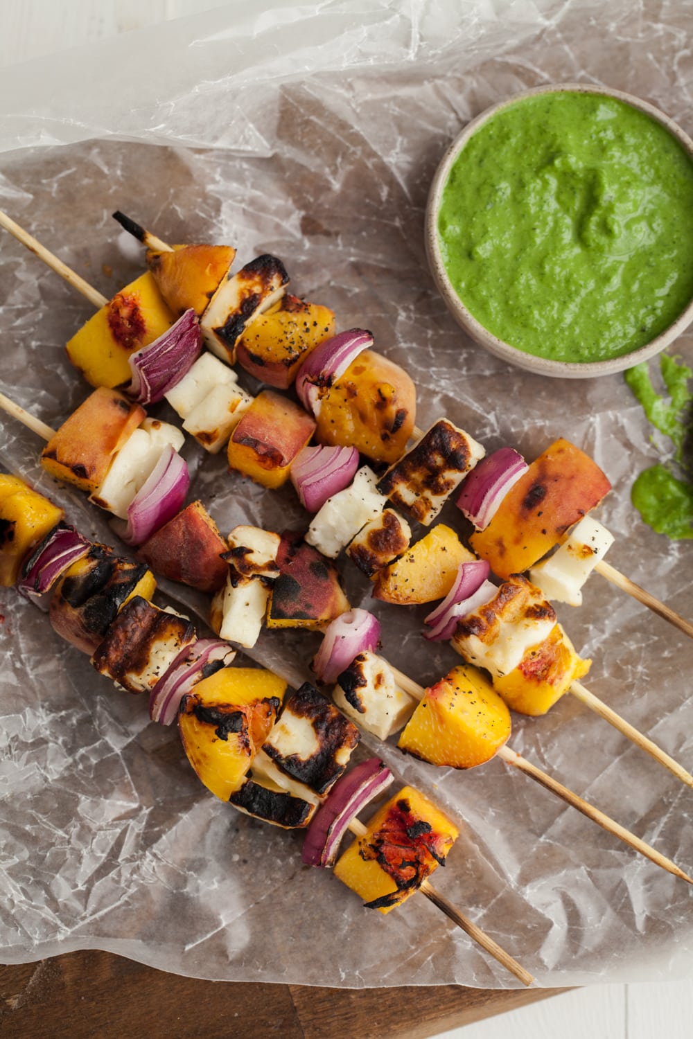 Grilled Peach and Halloumi Skewers with Basil-Jalapeno Sauce