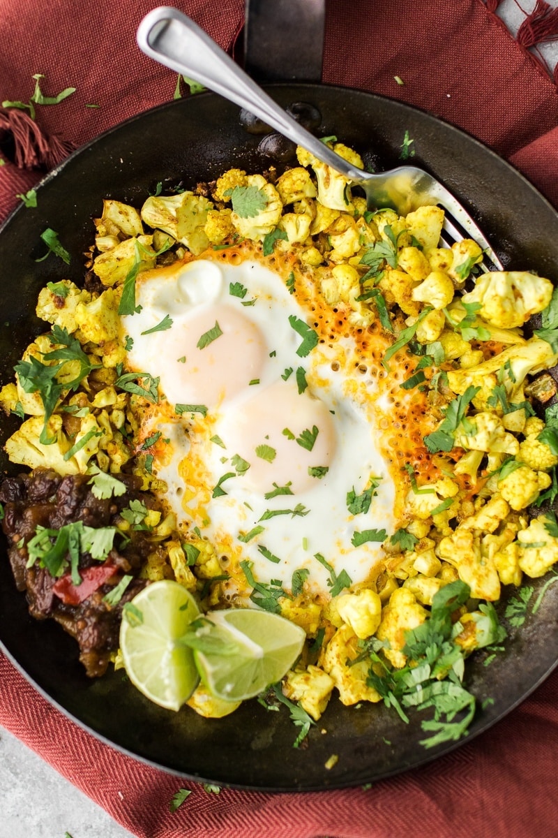 Turmeric Cauliflower Egg Skillet with Apple Chutney | http://naturallyella.com
