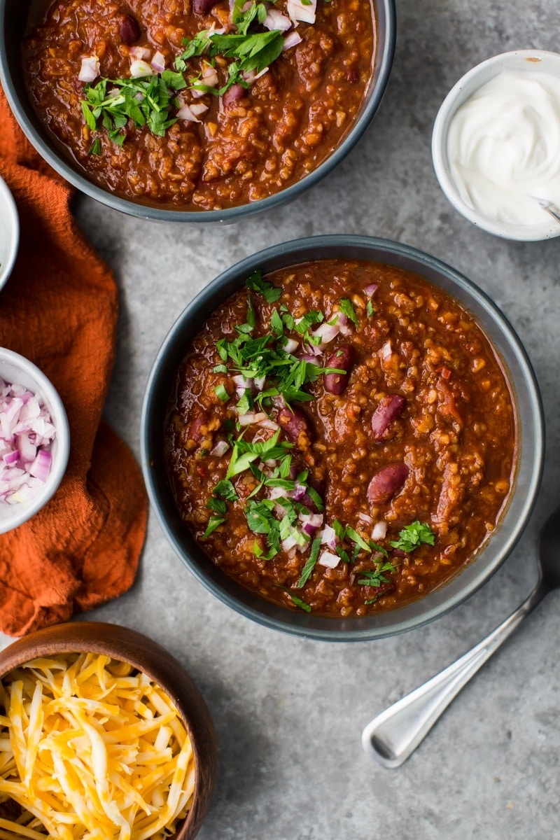 A hearty bowl of chili featured in my list of bulgur recipes.