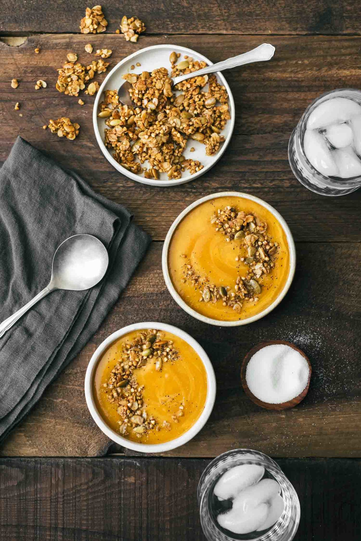 Buckwheat recipe featuring crispy buckwheat granola atop a sweet potato soup.