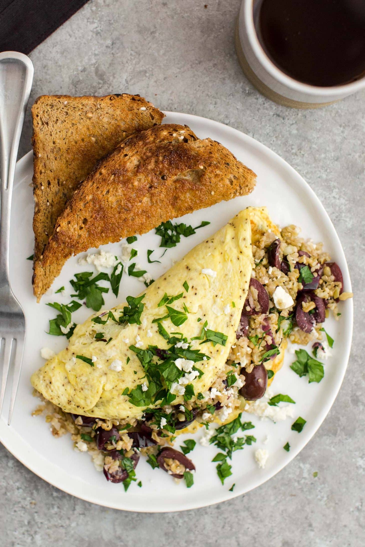 Freekeh Omelette with Olives and Feta