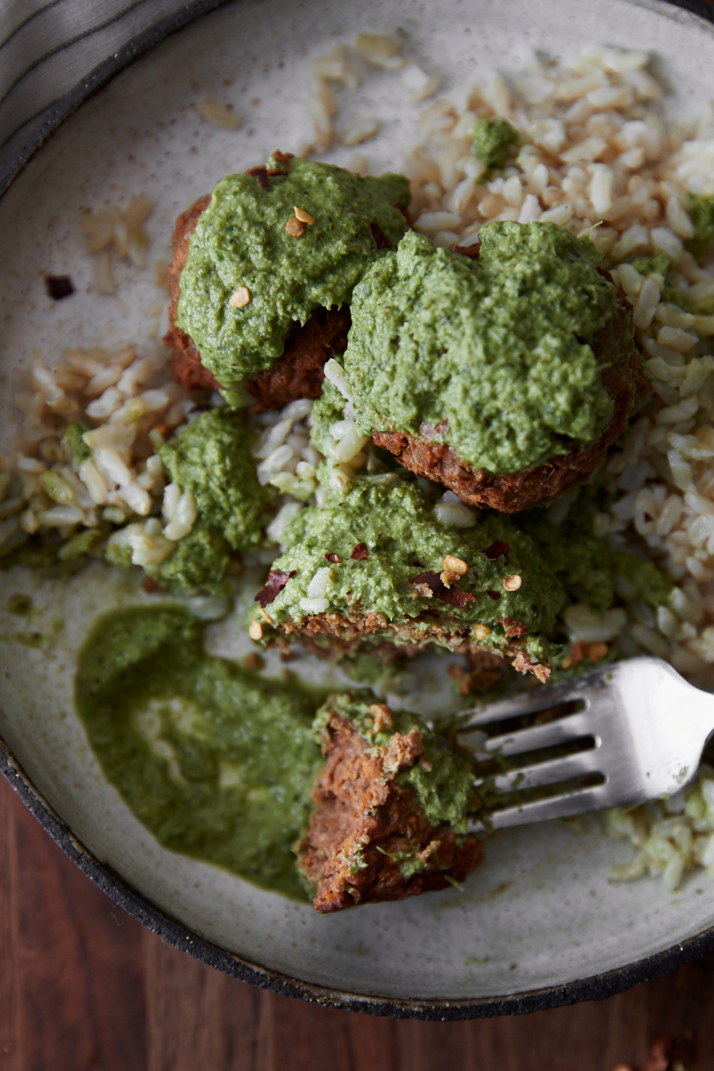 Lentil Bites with Broccoli Pesto and Rice