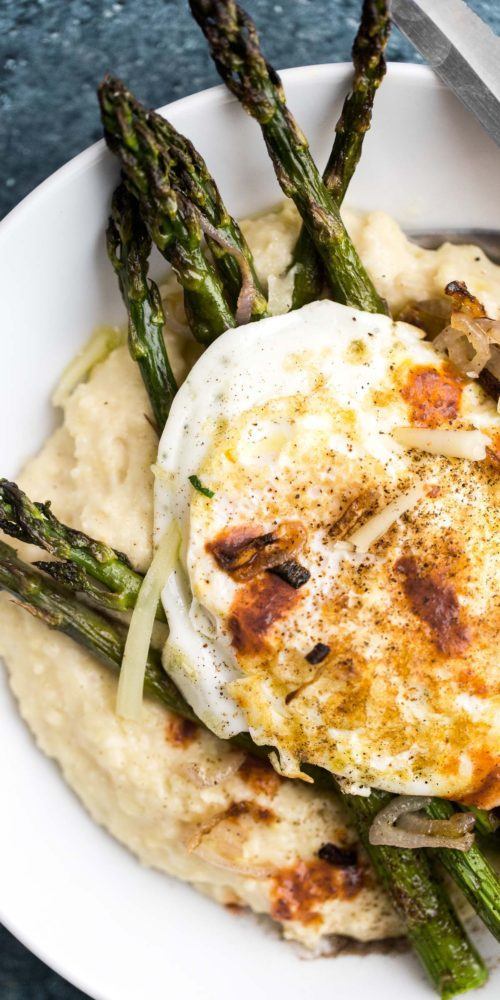 Cheesy Millet Polenta with Roasted Asparagus and Shallots | @naturallyella
